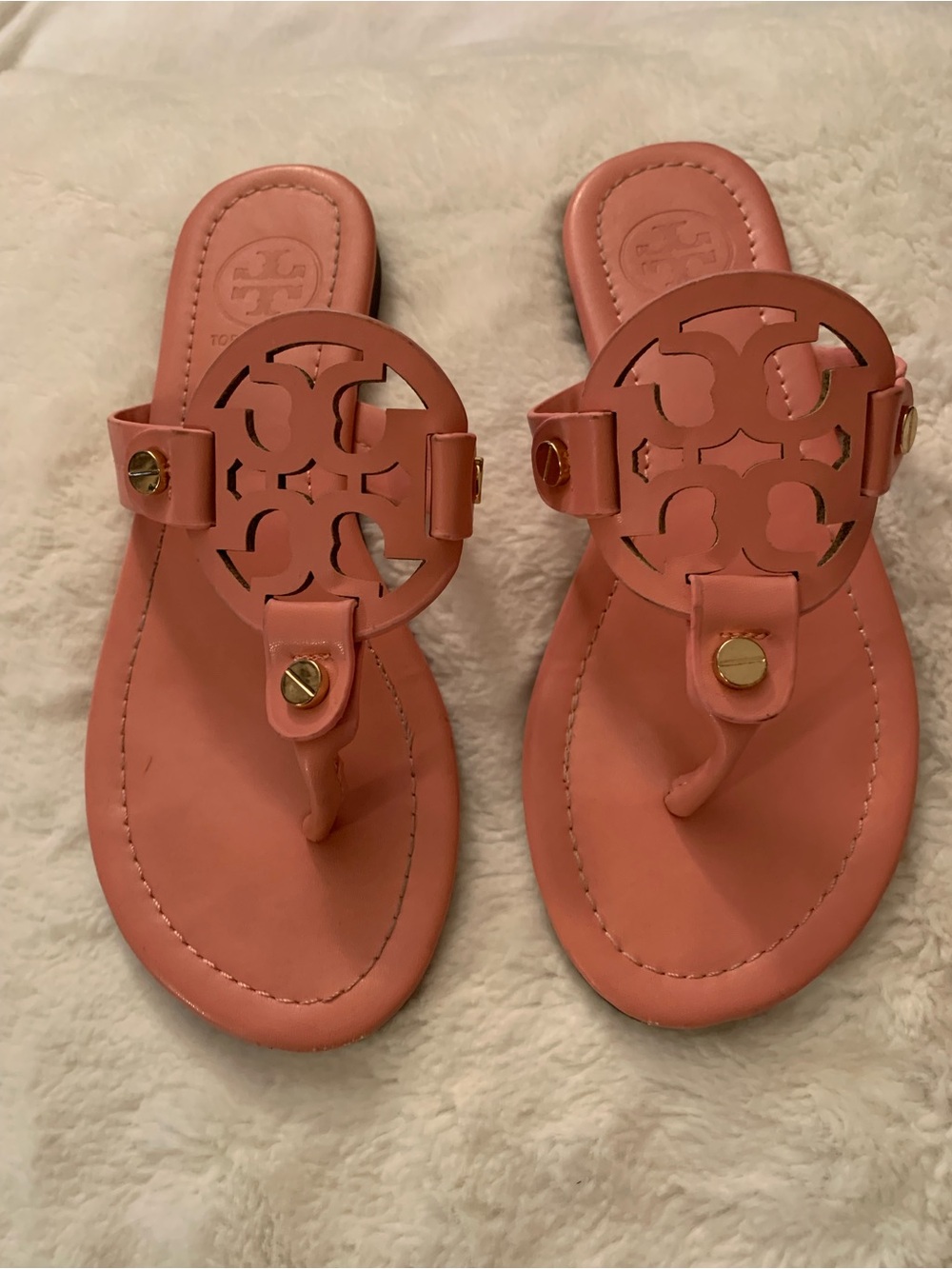 Tory Burch Coral Logo Cutout Thong Sandals with Gold Accents